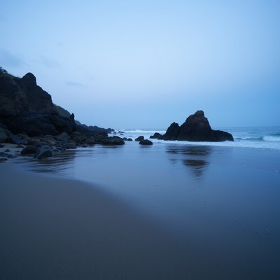 Twilight Beach with Rocks and Waves