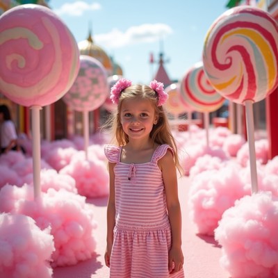 Girl smiling among giant pink lollipops