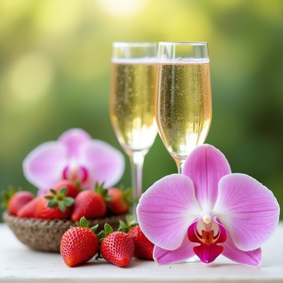 Champagne Glasses with Strawberries and Orchids