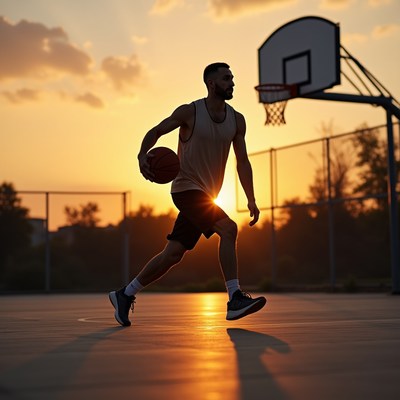 Man dribbling basketball at sunset