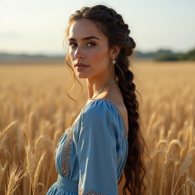 Woman in blue dress in wheat field