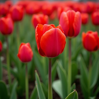 Red Tulips in Blooming Field