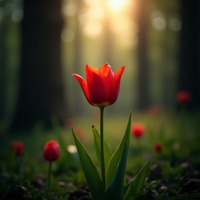 Red Tulip in Sunlit Forest