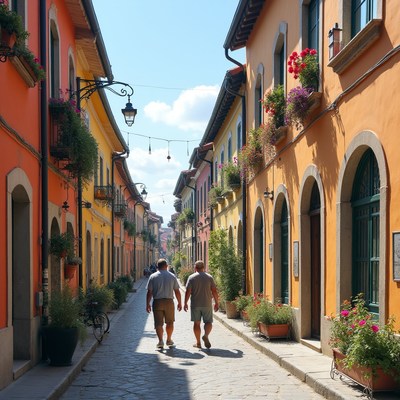Two men walking colorful narrow street