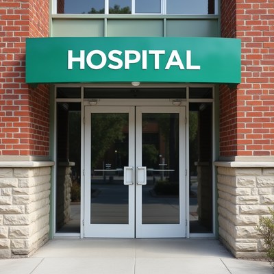 Hospital Entrance with Green Sign