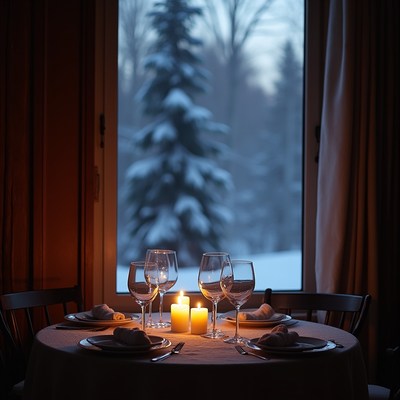Romantic candlelit dinner by snowy window