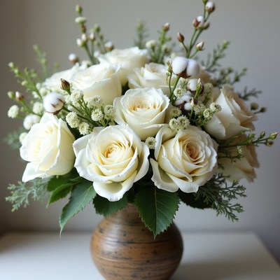 White Roses Bouquet in Terracotta Vase