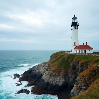 Lighthouse on Cliff Over Ocean