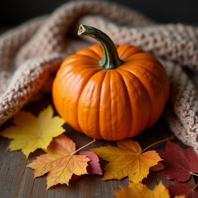 Pumpkin with autumn leaves and blanket