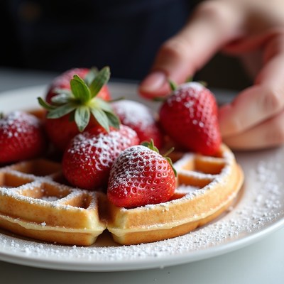 Hand adding strawberries to waffles
