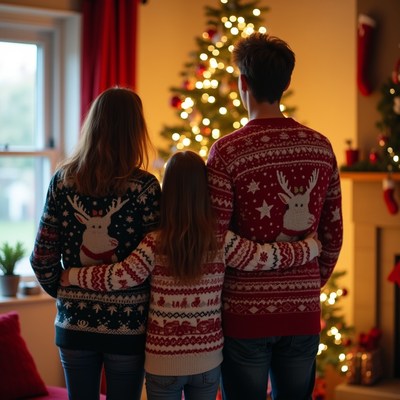 Family standing in front of Christmas tree