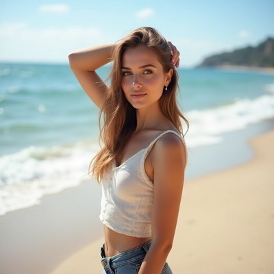 Woman posing on sunny beach