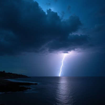 Lightning striking over ocean at night