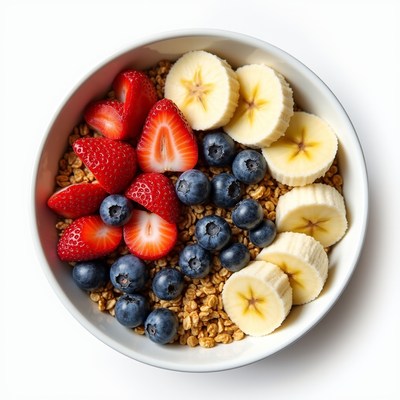 Bowl of Granola with Strawberries Blueberries Bananas