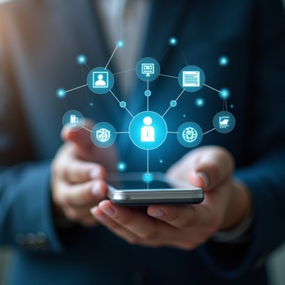 Man holding phone with digital network icons