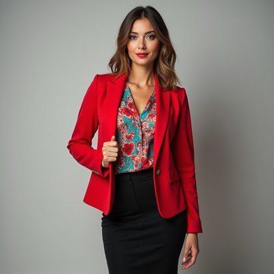 Woman in red blazer and black skirt