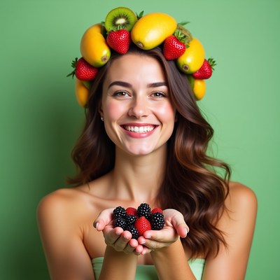 Woman with fruit crown holding blackberries