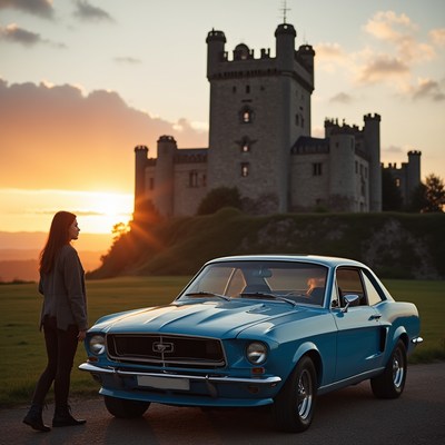Woman standing by blue Mustang at castle sunset