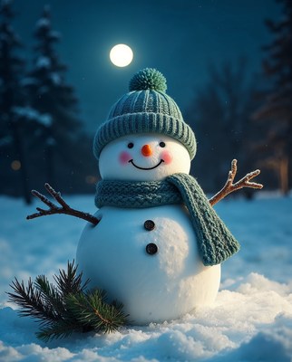 Snowman with Scarf in Snowy Forest