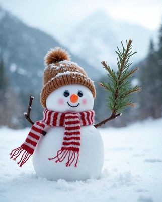 Snowman with scarf in snowy mountains