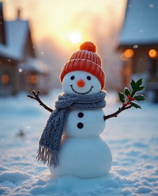 Snowman with scarf in snowy sunset