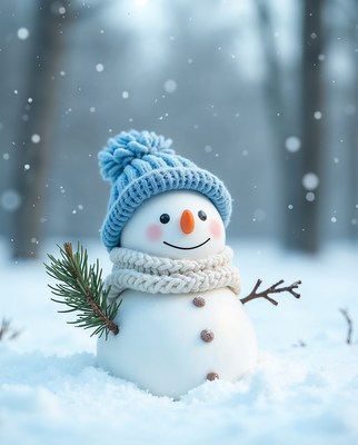 Snowman with blue hat in snowy forest