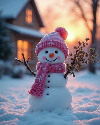 Pink Snowman with Scarf and Hat in Snow