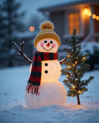 Snowman with scarf and Christmas tree