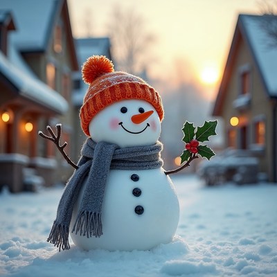 Snowman with hat scarf holly sunset