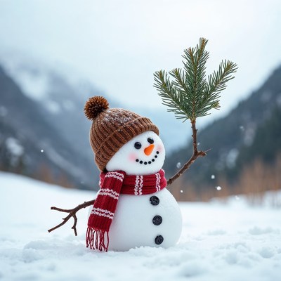 Snowman with scarf holding fir branch