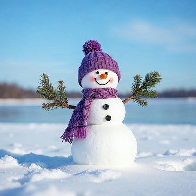 Snowman with purple hat and scarf