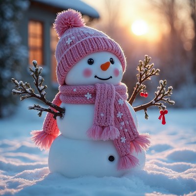 Pink Snowman in Snowy Sunset