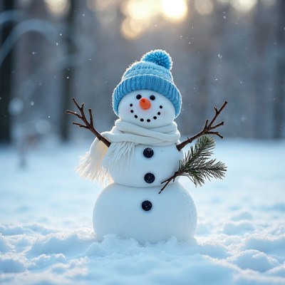 Snowman with Blue Hat in Snowy Forest