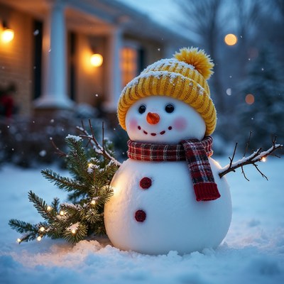 Snowman with yellow hat and scarf