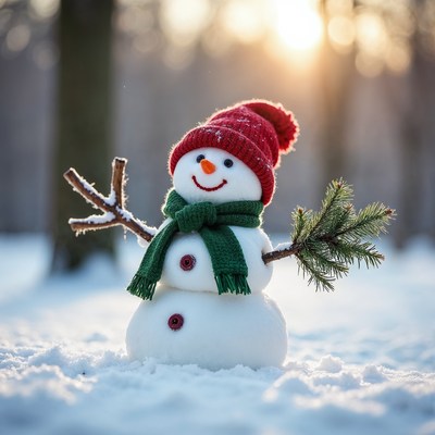 Snowman with red hat in snowy forest