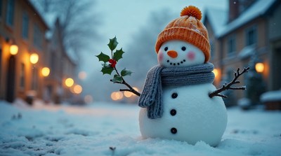 Snowman with Holly on Snowy Street