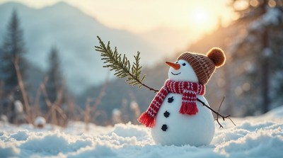 Snowman with scarf in snowy mountains