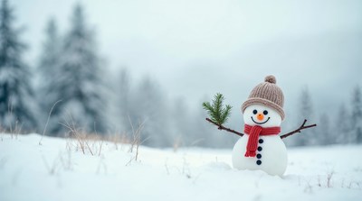 Snowman with hat and scarf in snowy field