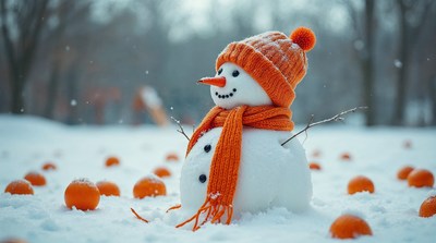 Snowman with orange scarf and oranges