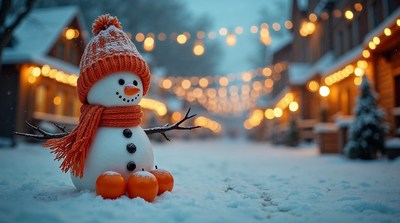 Snowman with orange hat in snowy street