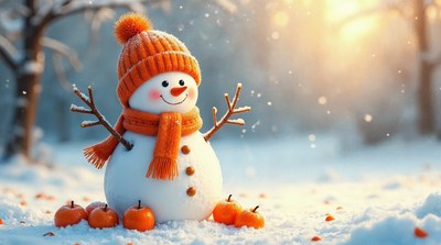 Snowman with orange scarf and pumpkins