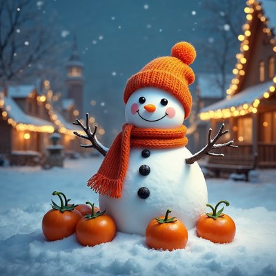 Snowman with orange hat and pumpkins