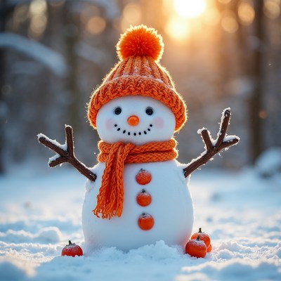 Snowman with orange hat in snowy forest