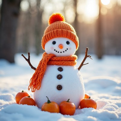 Snowman with orange hat and pumpkins