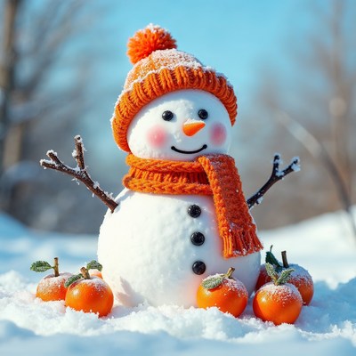 Snowman with orange hat and scarf