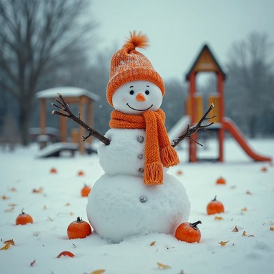 Snowman with orange hat and scarf