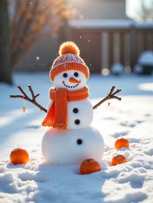 Orange-hatted snowman with oranges