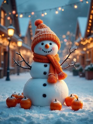 Snowman with orange hat and pumpkins