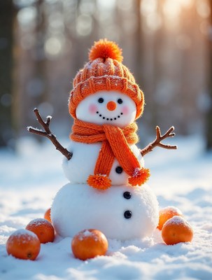 Orange Snowman in Snowy Forest