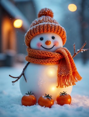 Snowman with orange hat and scarf